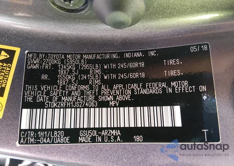 2018 Toyota Highlander Xle из США, поврежденный, VIN 5TDKZRFH1JS274063